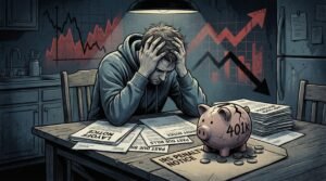 stressed millennial laid off at kitchen table cracked 401k piggy bank IRS penalty notice early withdrawal