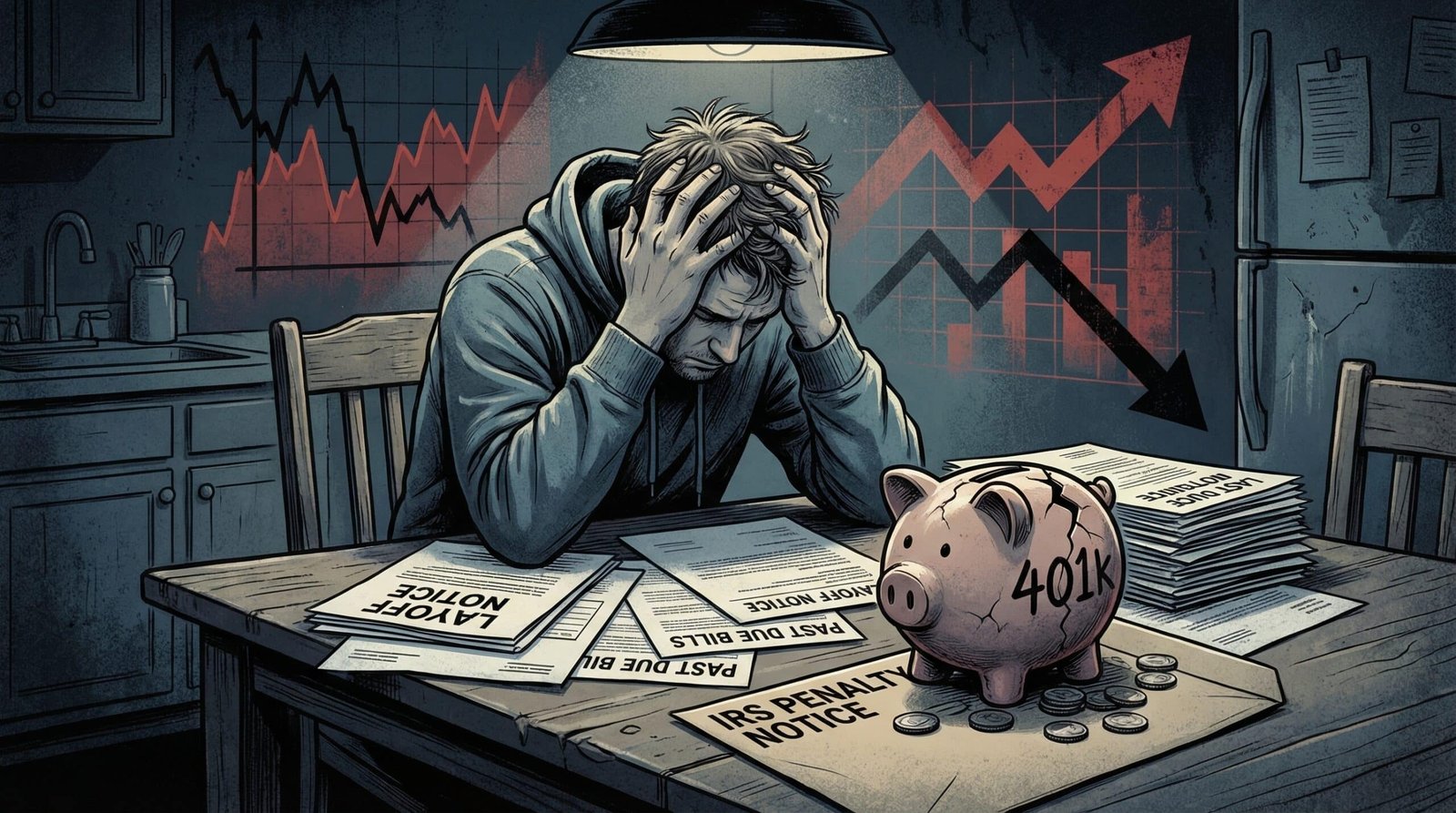 stressed millennial laid off at kitchen table cracked 401k piggy bank IRS penalty notice early withdrawal