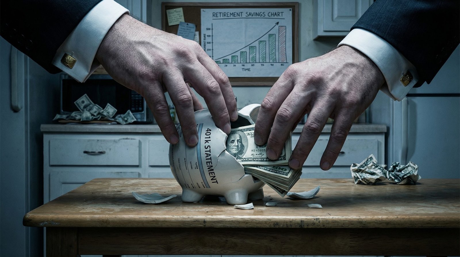 Wall Street banker hands extracting retirement savings from a broken 401k piggy bank on kitchen table