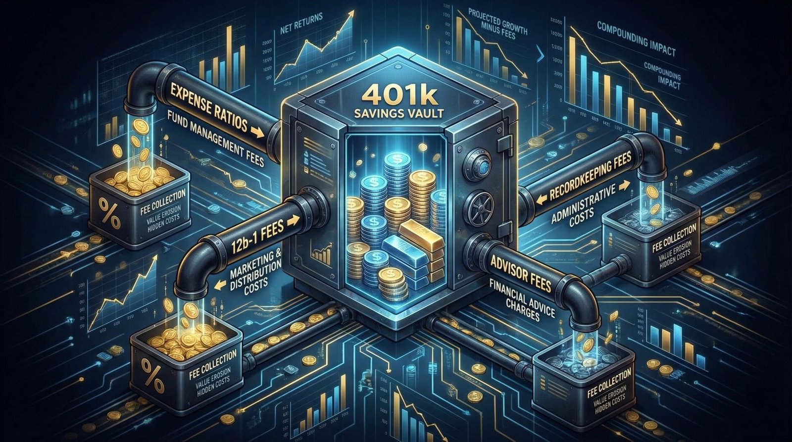 Cross-section diagram showing multiple hidden 401k fee types — expense ratios, 12b-1 fees, recordkeeping, advisor charges draining retirement savings