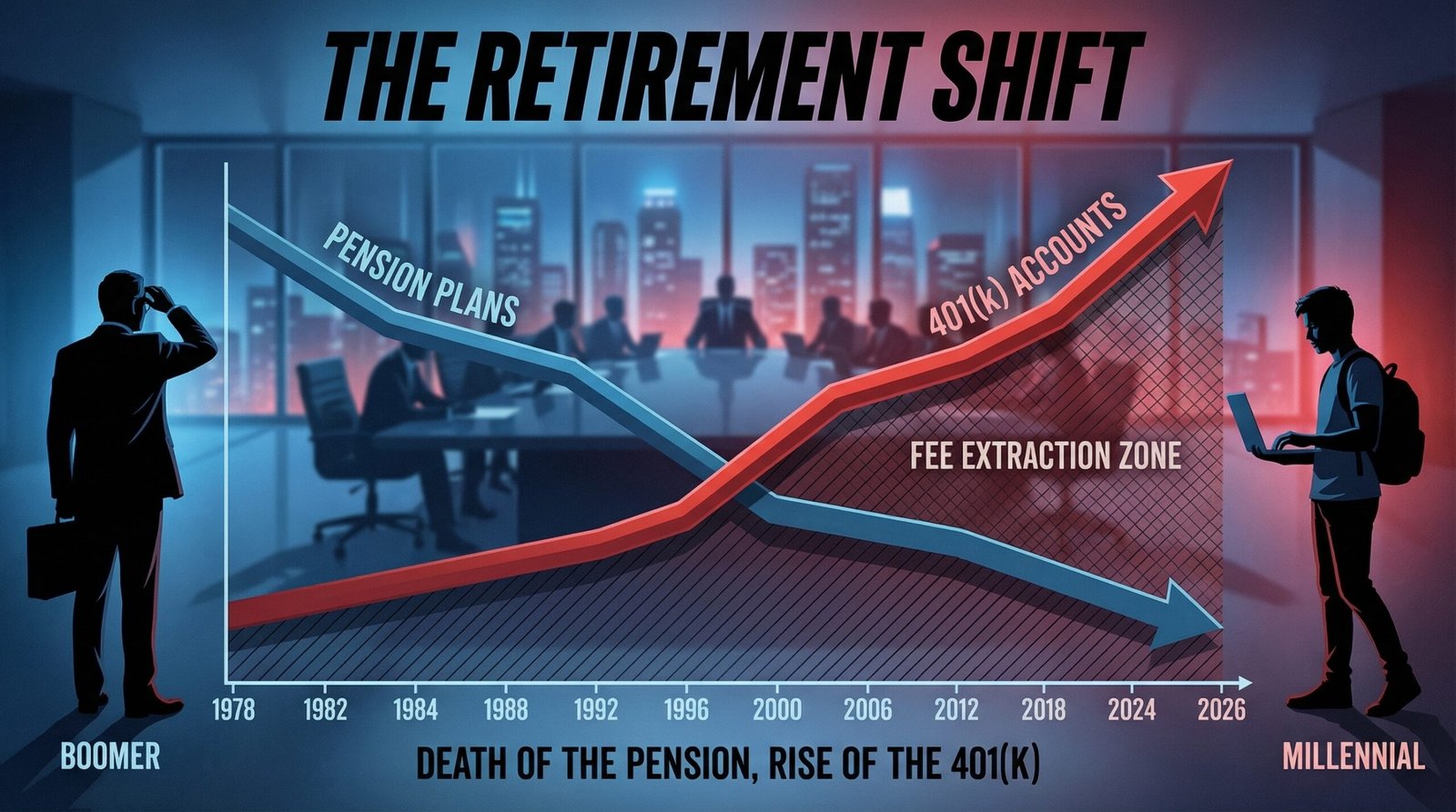 Timeline from 1978 to 2026 showing the decline of pension plans and rise of 401k accounts with the fee extraction zone growing larger each decade