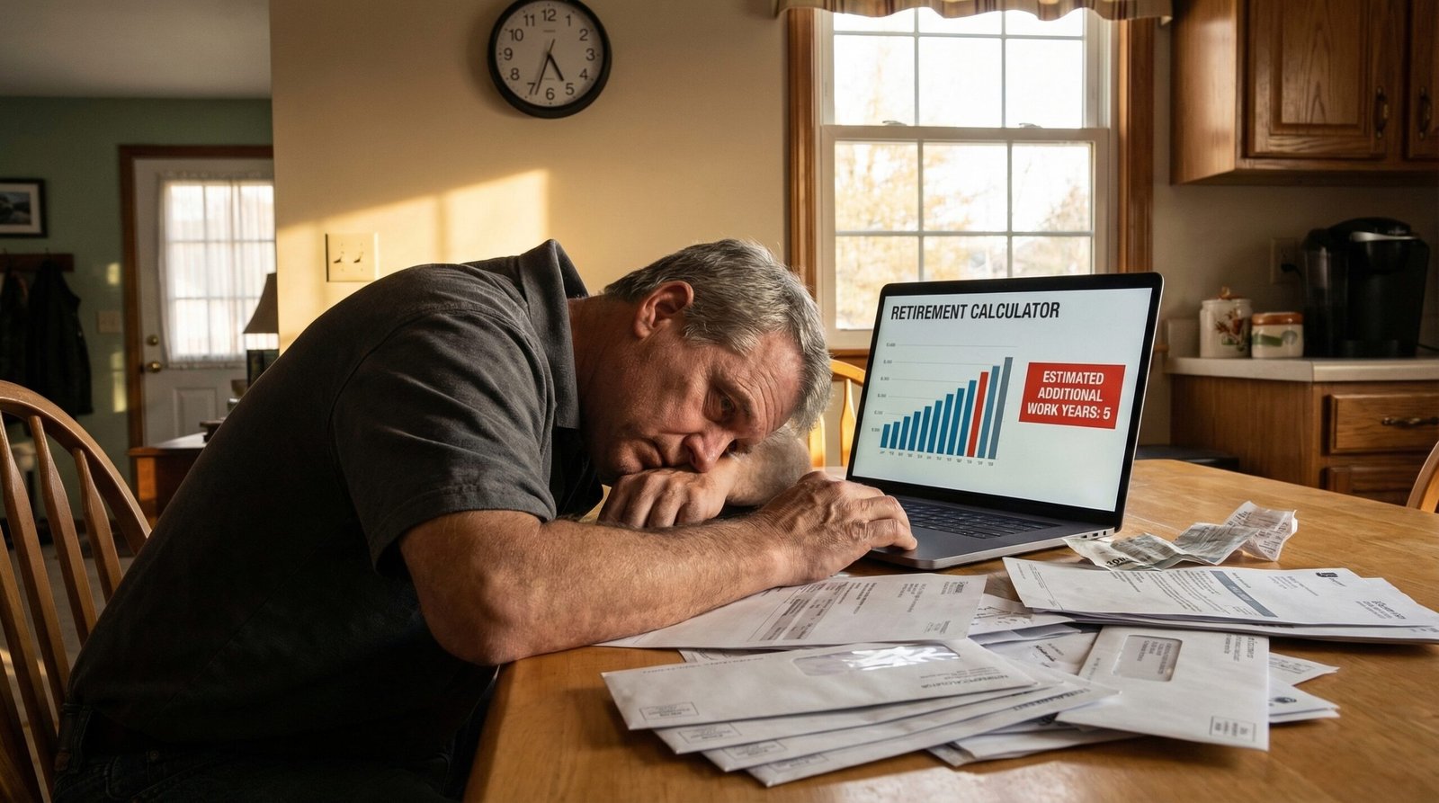 American worker in their 50s reviewing 401k statements and retirement calculator showing they need to work 5 more years due to hidden fee drag