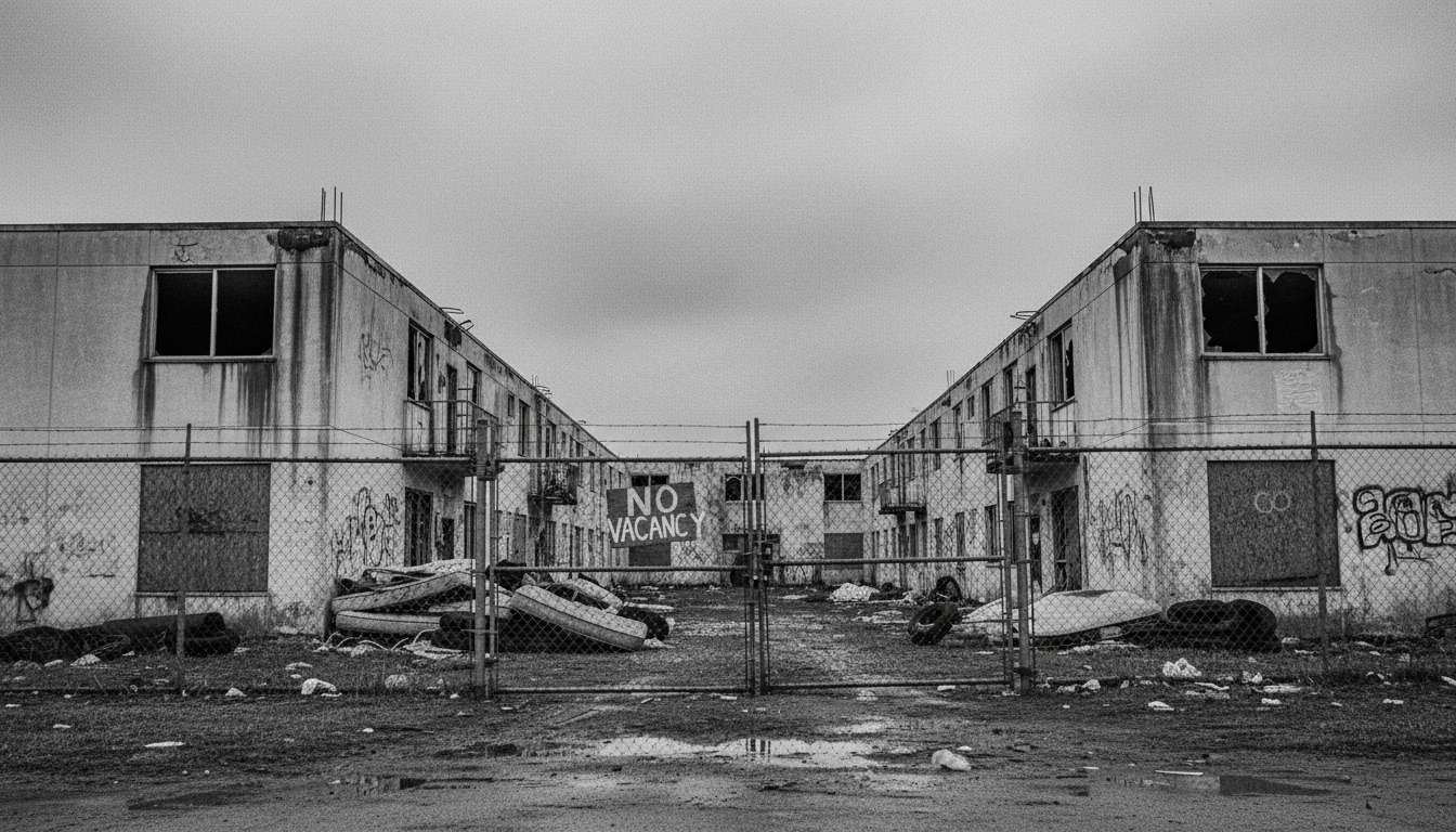 empty affordable housing complex with padlocked gate and no vacancy sign