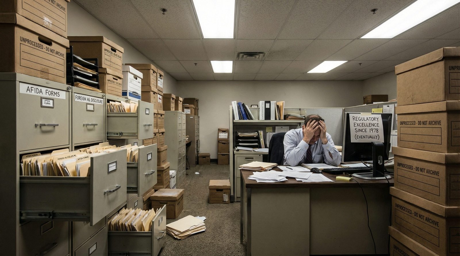 AFIDA foreign farmland disclosure paperwork failure with overflowing filing cabinets in government office