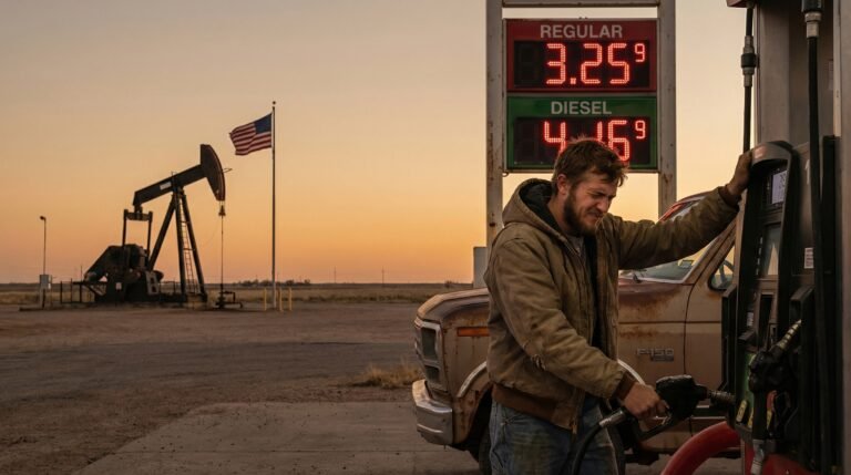 American energy independence myth gas station pump prices Iran war 2026 Millennial worker filling up