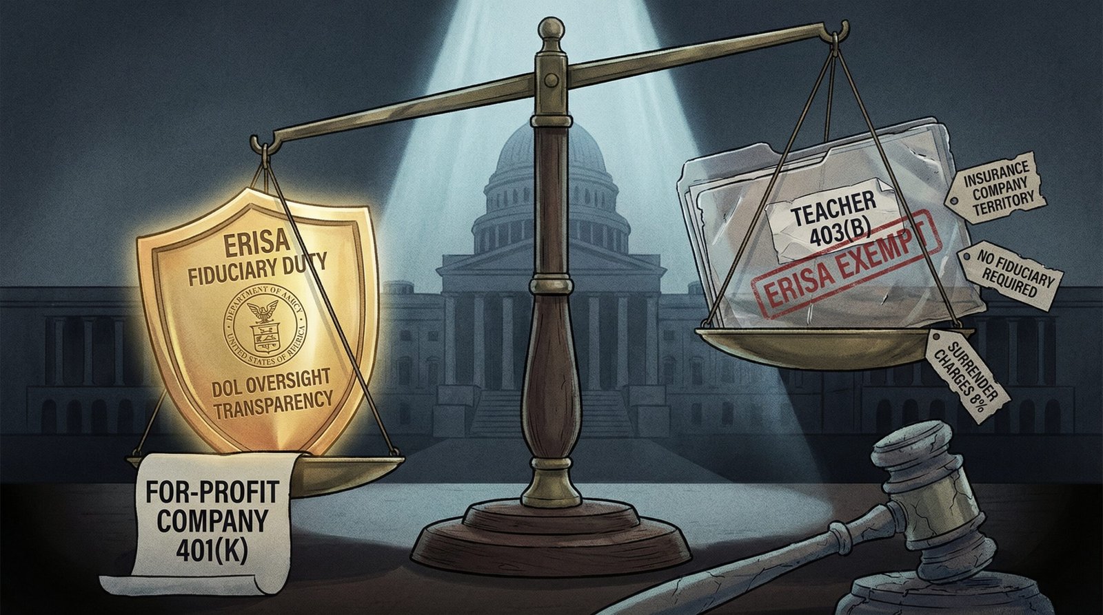 403b ERISA exempt government school teacher retirement plan no fiduciary duty protection compared to 401k