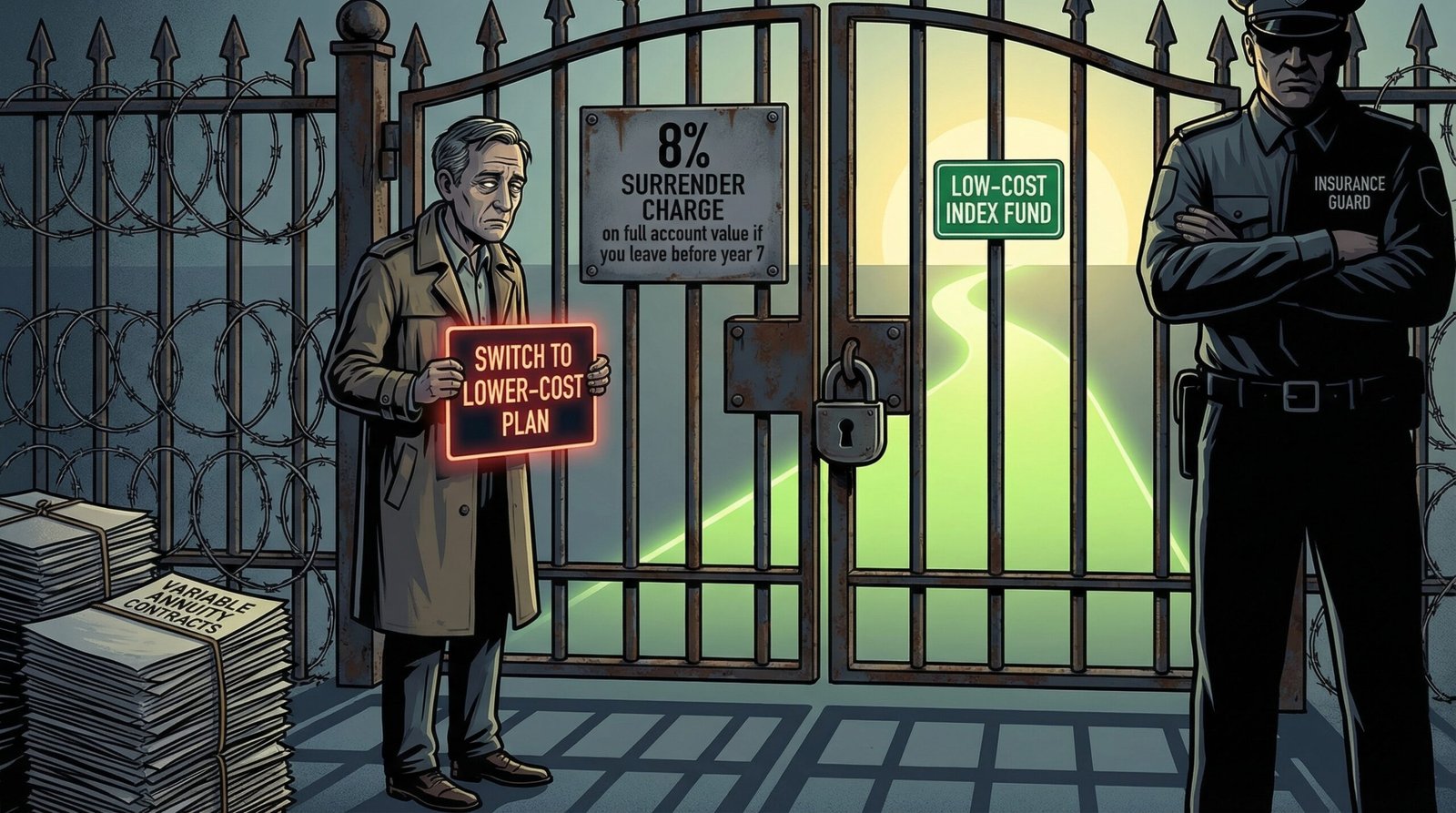 403b variable annuity 8 percent surrender charge locked in cannot switch low-cost index fund teacher trapped