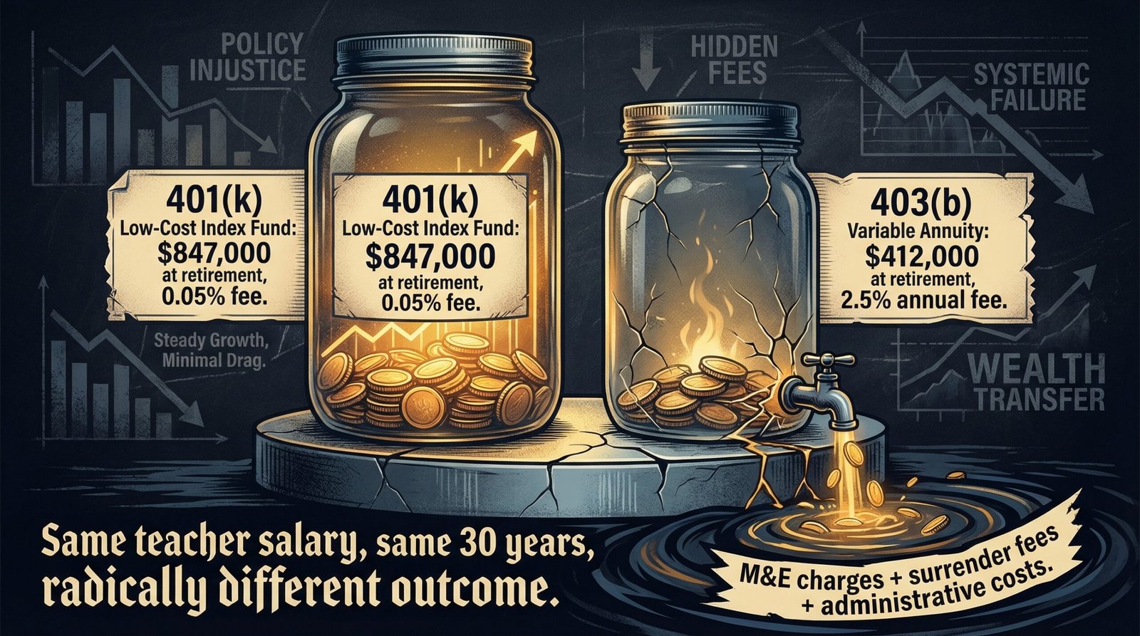 403b variable annuity vs 401k low-cost index fund retirement savings comparison 30 years fee drag