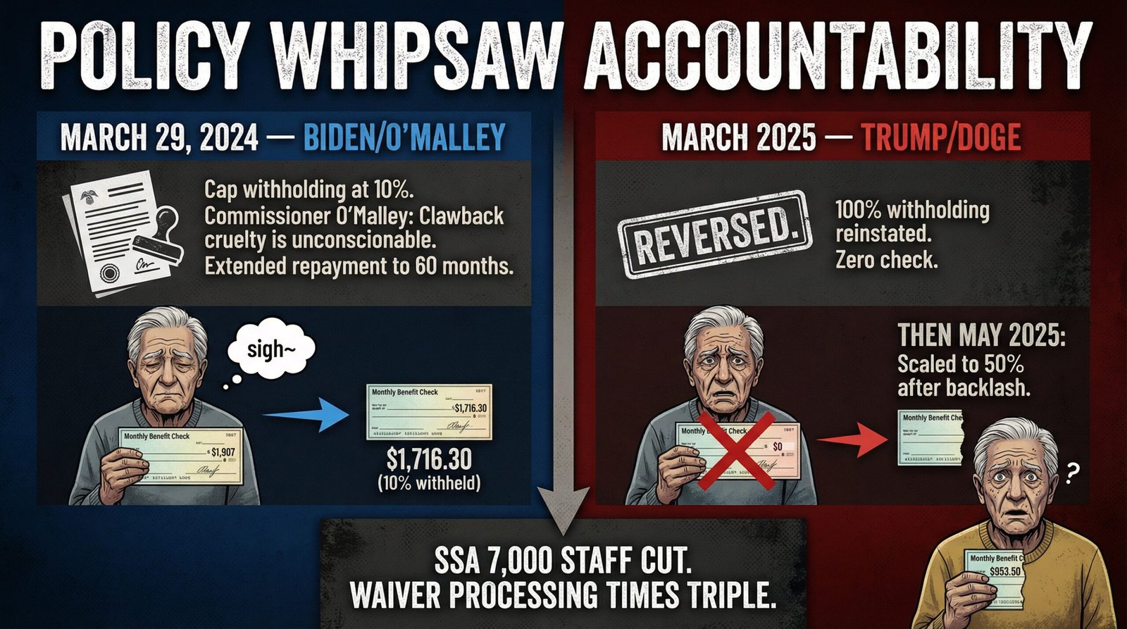 Biden 2024 10 percent withholding cap clawback cruelty Trump 2025 100 percent reversal 50 percent after backlash Social Security overpayment