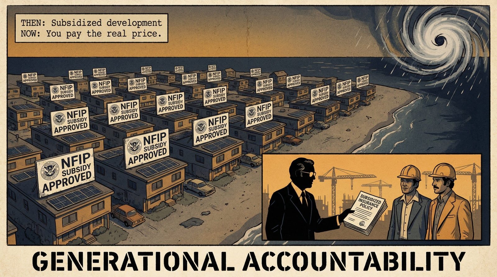 Boomer era coastal development 1970s 1980s NFIP flood insurance subsidy federal subsidized high risk zones homeowners insurance crisis roots