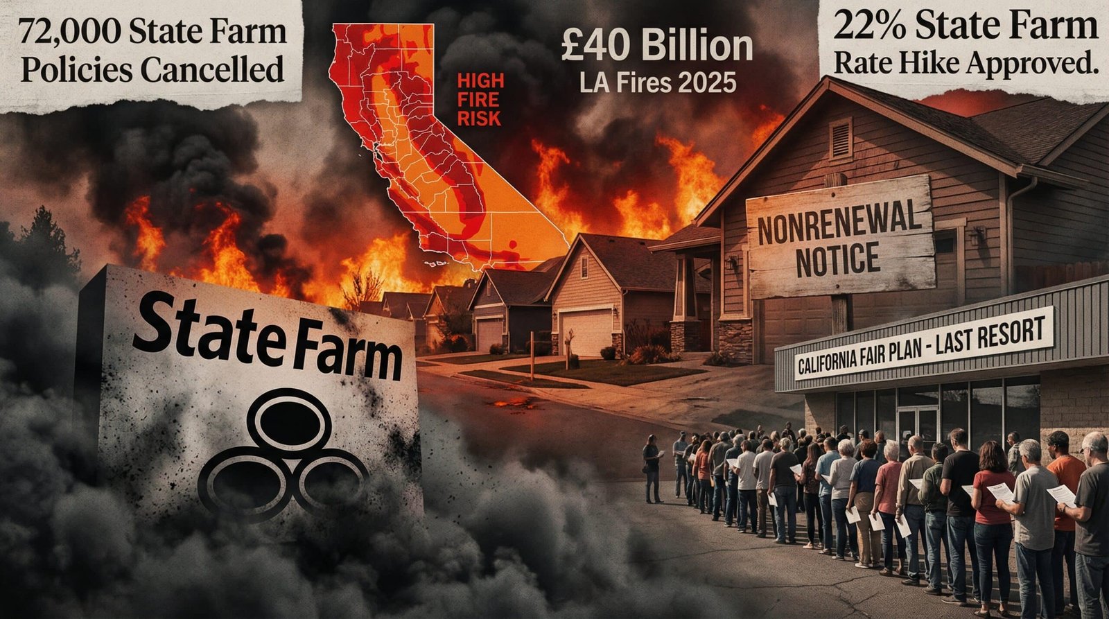 California wildfire insurance crisis State Farm nonrenewal 72000 policies FAIR Plan last resort LA fires 2025 40 billion losses