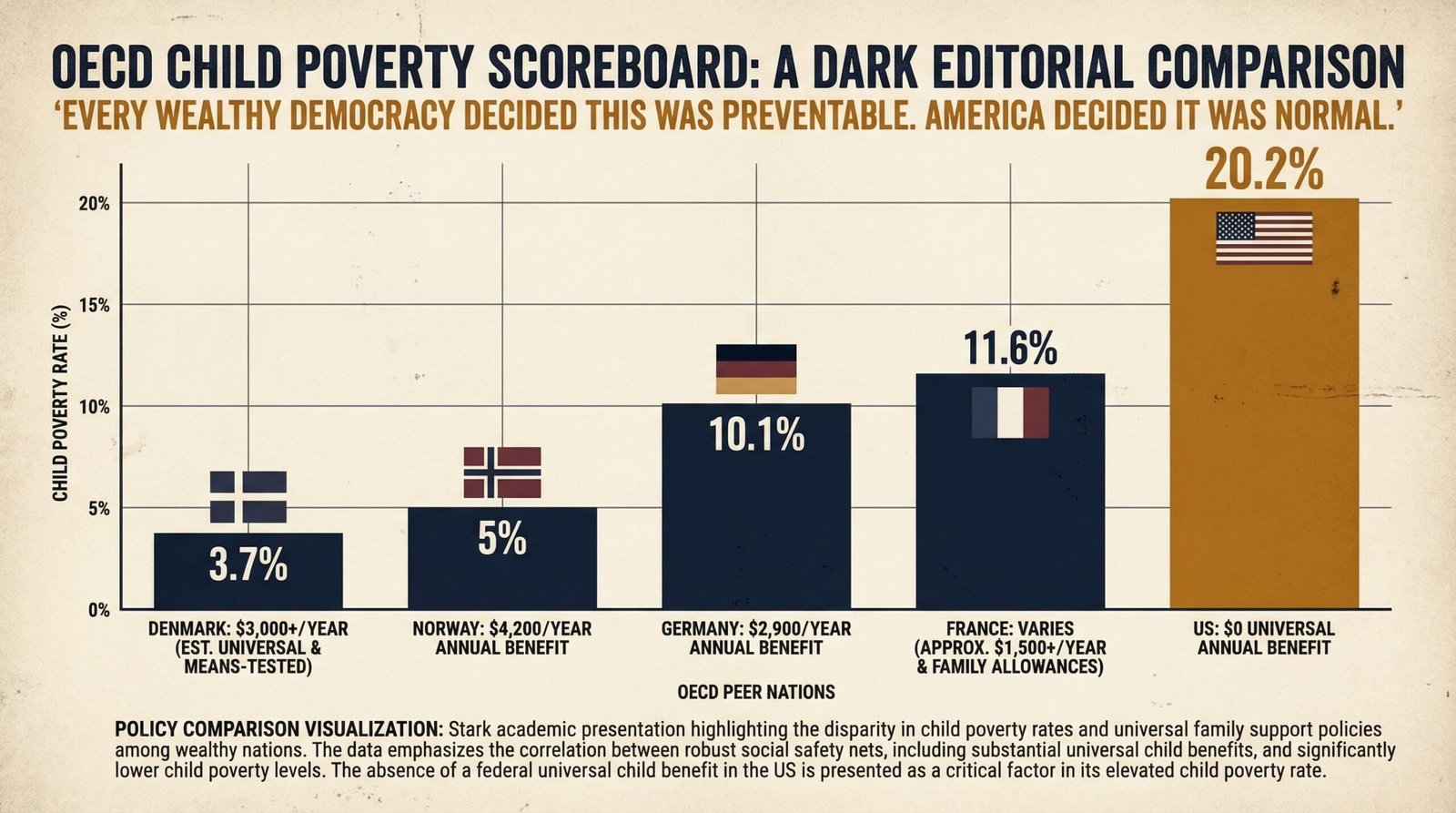 US child poverty rate 20.2% worst G7 OECD comparison Denmark Norway Germany France universal child benefit