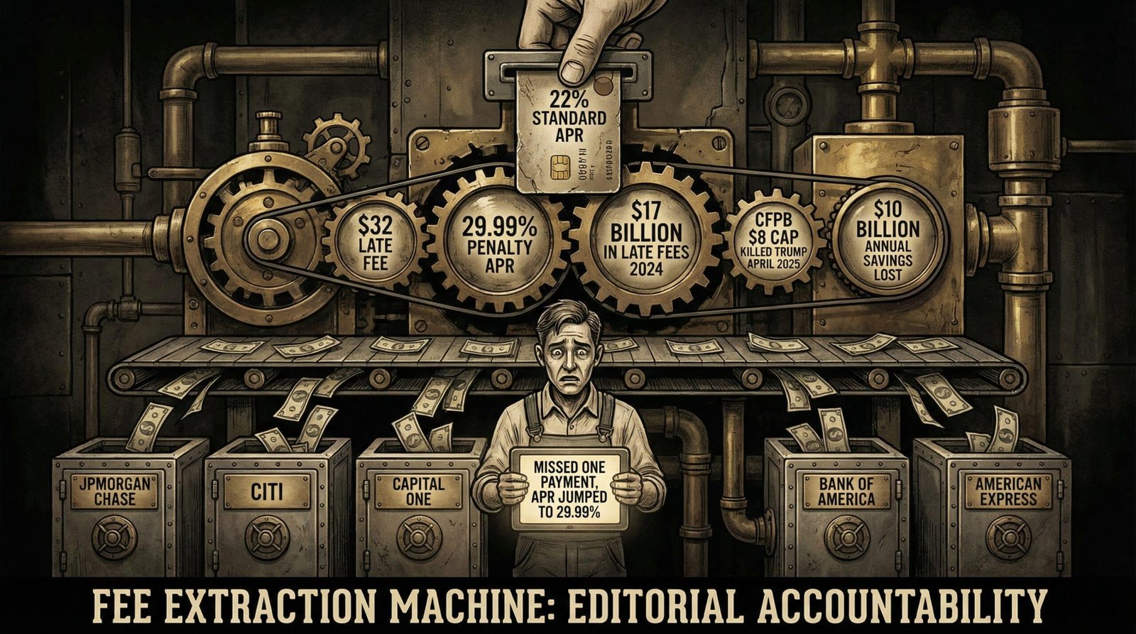 credit card late fees 17 billion annually penalty APR 29.99 CFPB 8 dollar cap killed Trump 2025 fee extraction machine