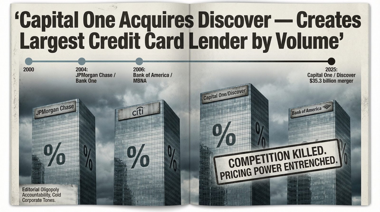 credit card oligopoly JPMorgan Chase Citi Capital One Discover merger 2025 Bank of America four issuer market concentration