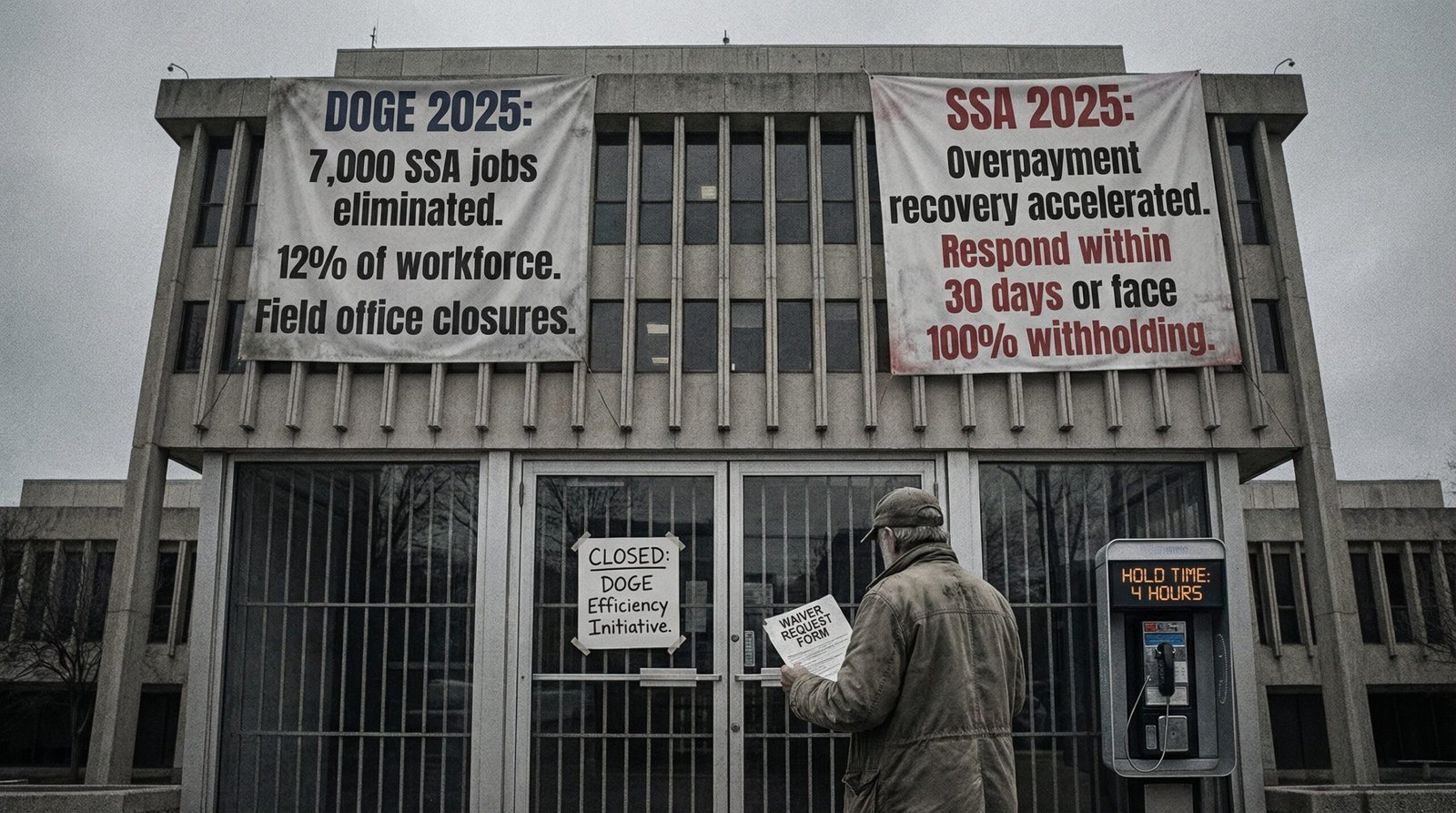 DOGE SSA 7000 jobs eliminated 12 percent workforce cut waiver processing delays field office closures overpayment clawback contradiction