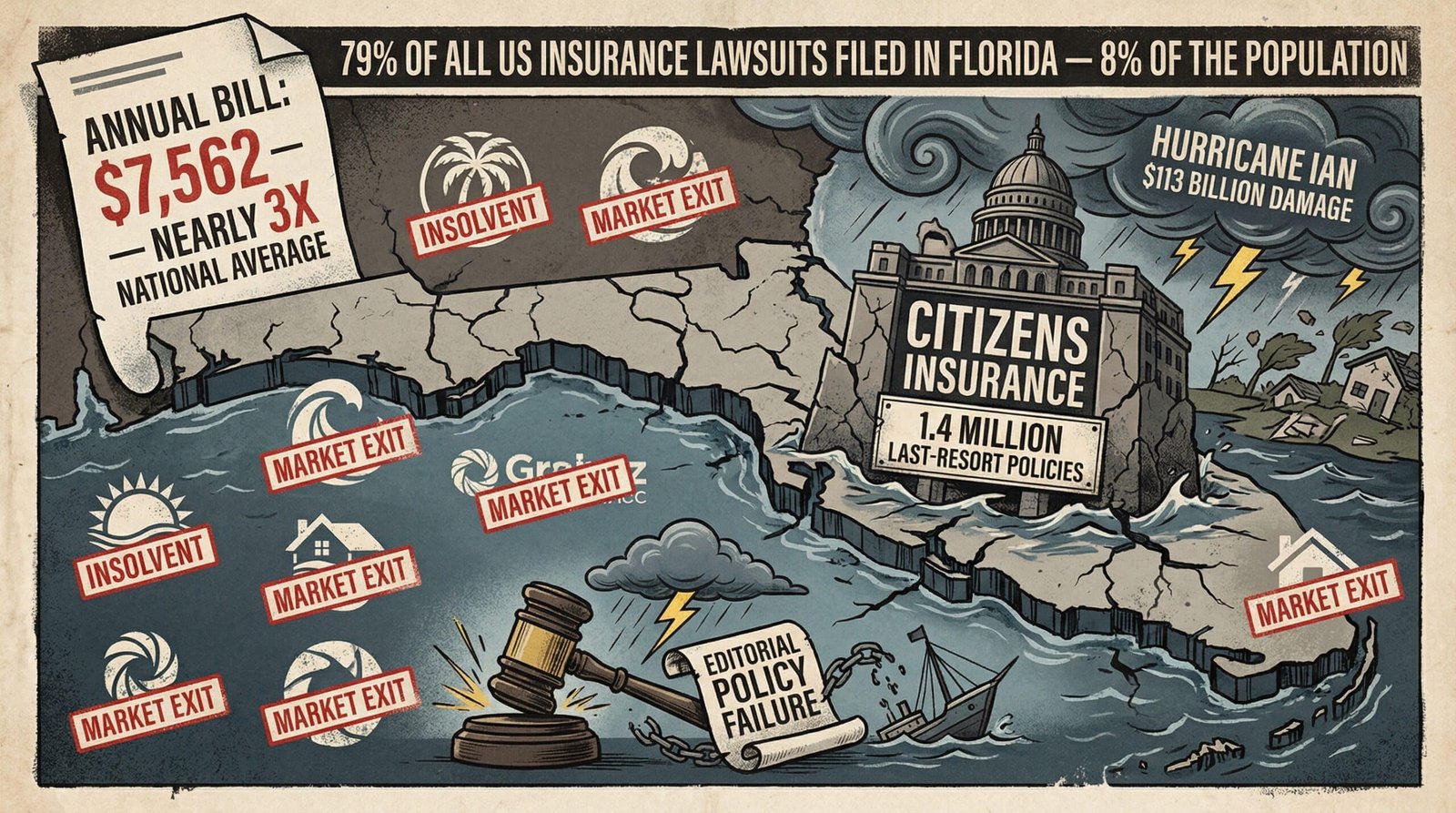 Florida homeowners insurance collapse Citizens Insurance 1.4 million last resort policies Hurricane Ian 113 billion 79 percent lawsuits