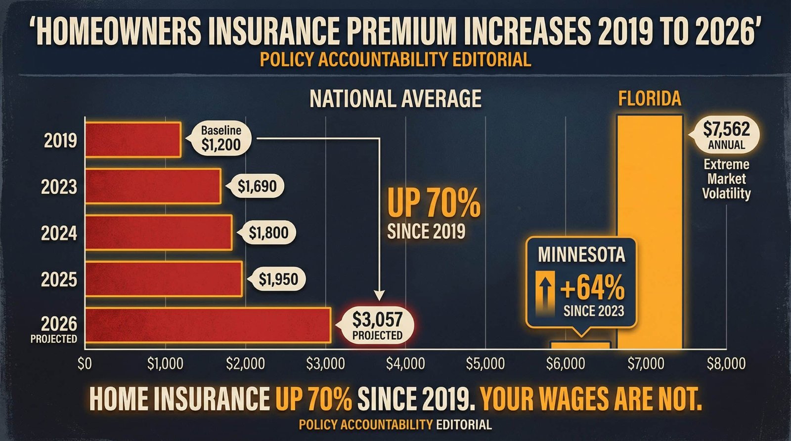 homeowners insurance premium increase chart 2019 to 2026 national average Florida 7562 annual 70 percent increase