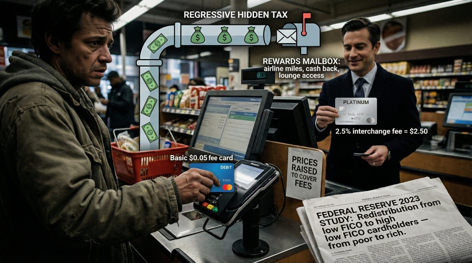 interchange fee regressive redistribution credit card rewards low income to high income Federal Reserve 2023 study poor pays rich collects