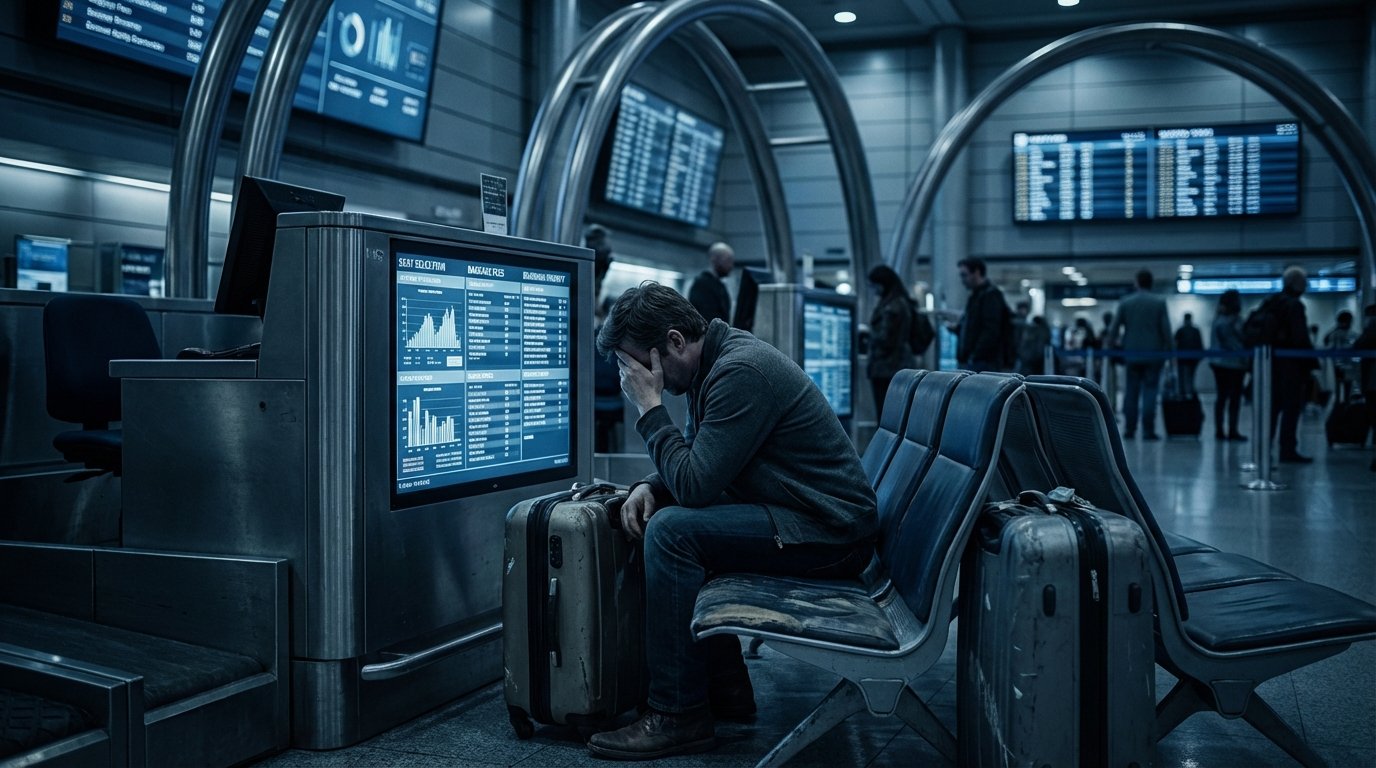 frustrated traveler at airline counter facing seat selection and baggage fee add-ons