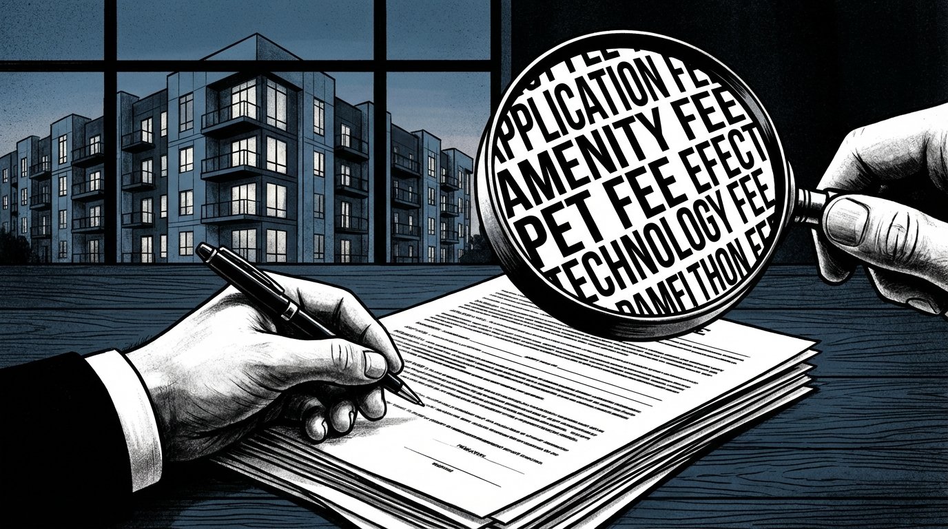 person signing apartment lease with fine print fees magnified showing rental junk fees