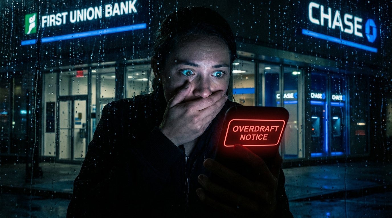 person shocked by overdraft fee notification on phone at American bank