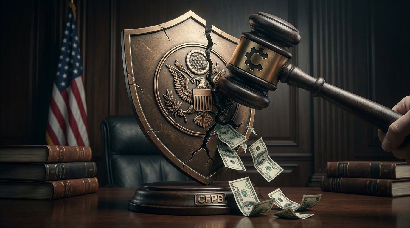 CFPB consumer protection shield cracked by corporate power dollar bills falling