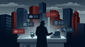 American consumer surrounded by hidden junk fees corporate skyscrapers looming behind