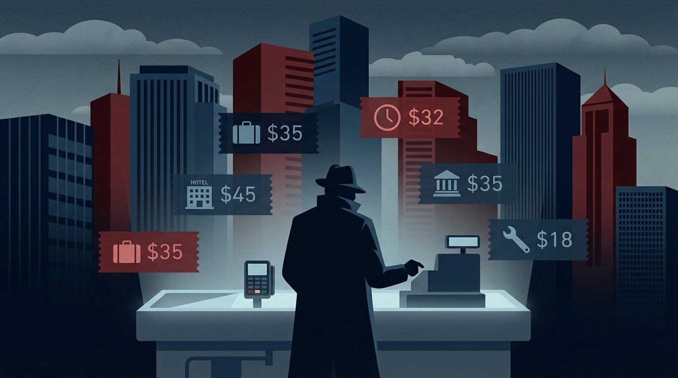 American consumer surrounded by hidden junk fees corporate skyscrapers looming behind