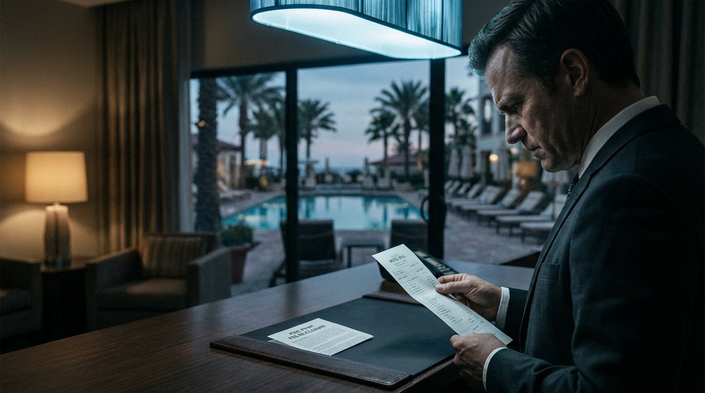 confused guest reviewing hotel bill with hidden resort fee charges at luxury hotel