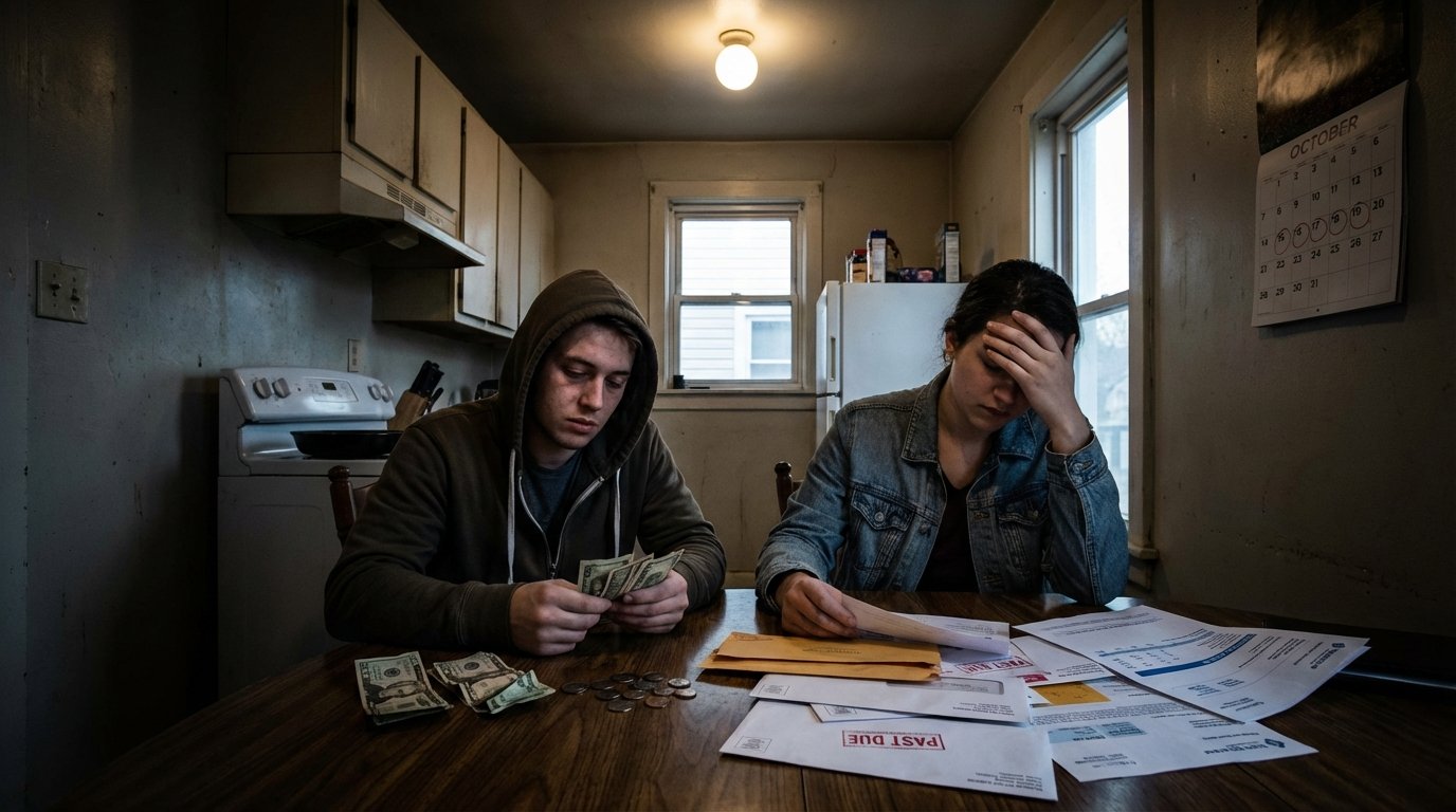millennial and Gen Z workers stressed counting paychecks surrounded by fee notices at home