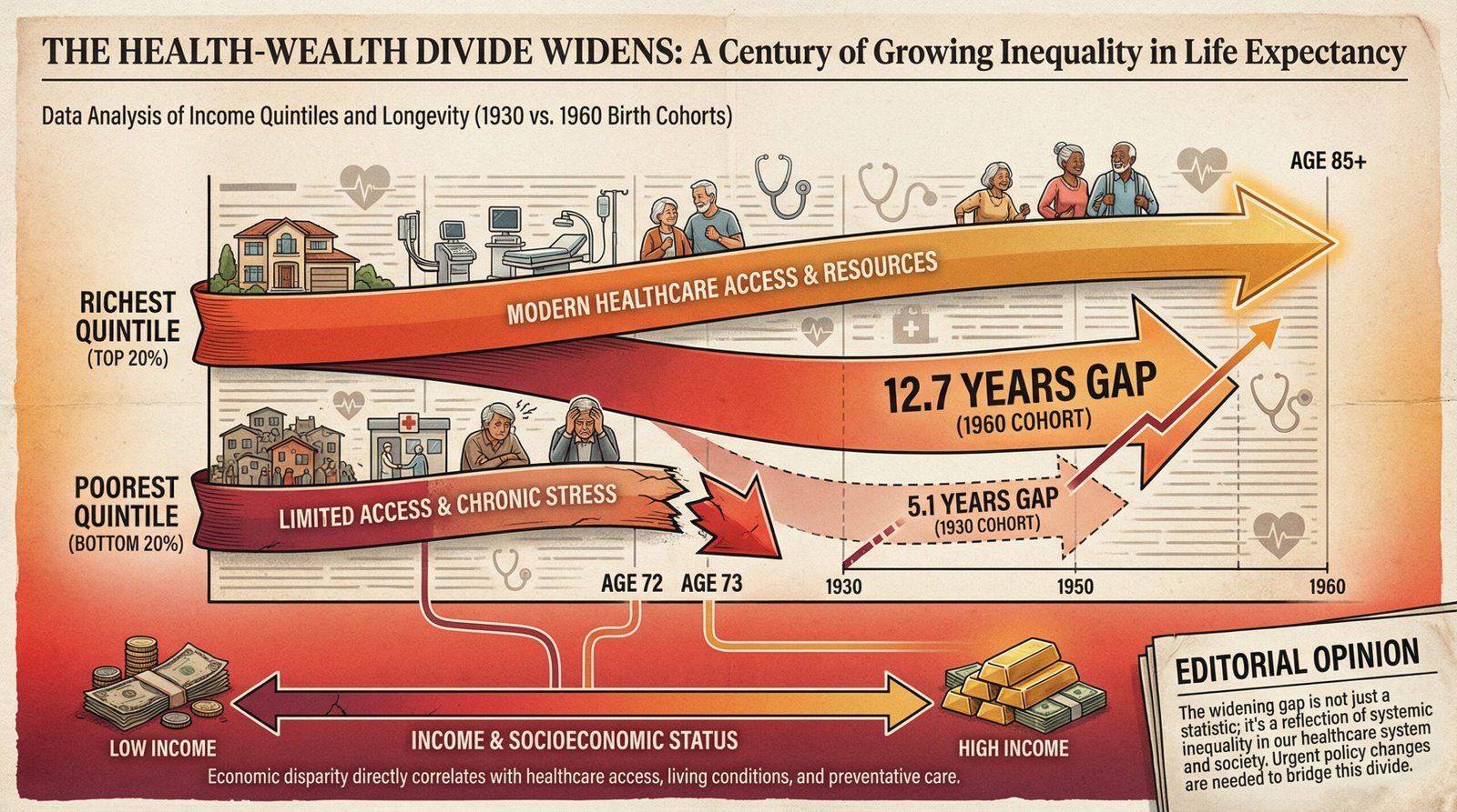 life expectancy gap income inequality richest vs poorest Americans 12.7 years born 1960