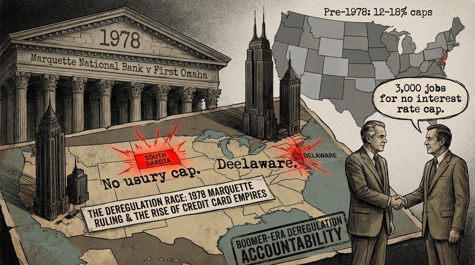 Marquette National Bank 1978 Supreme Court credit card deregulation South Dakota Delaware usury cap elimination Citibank Walter Wriston