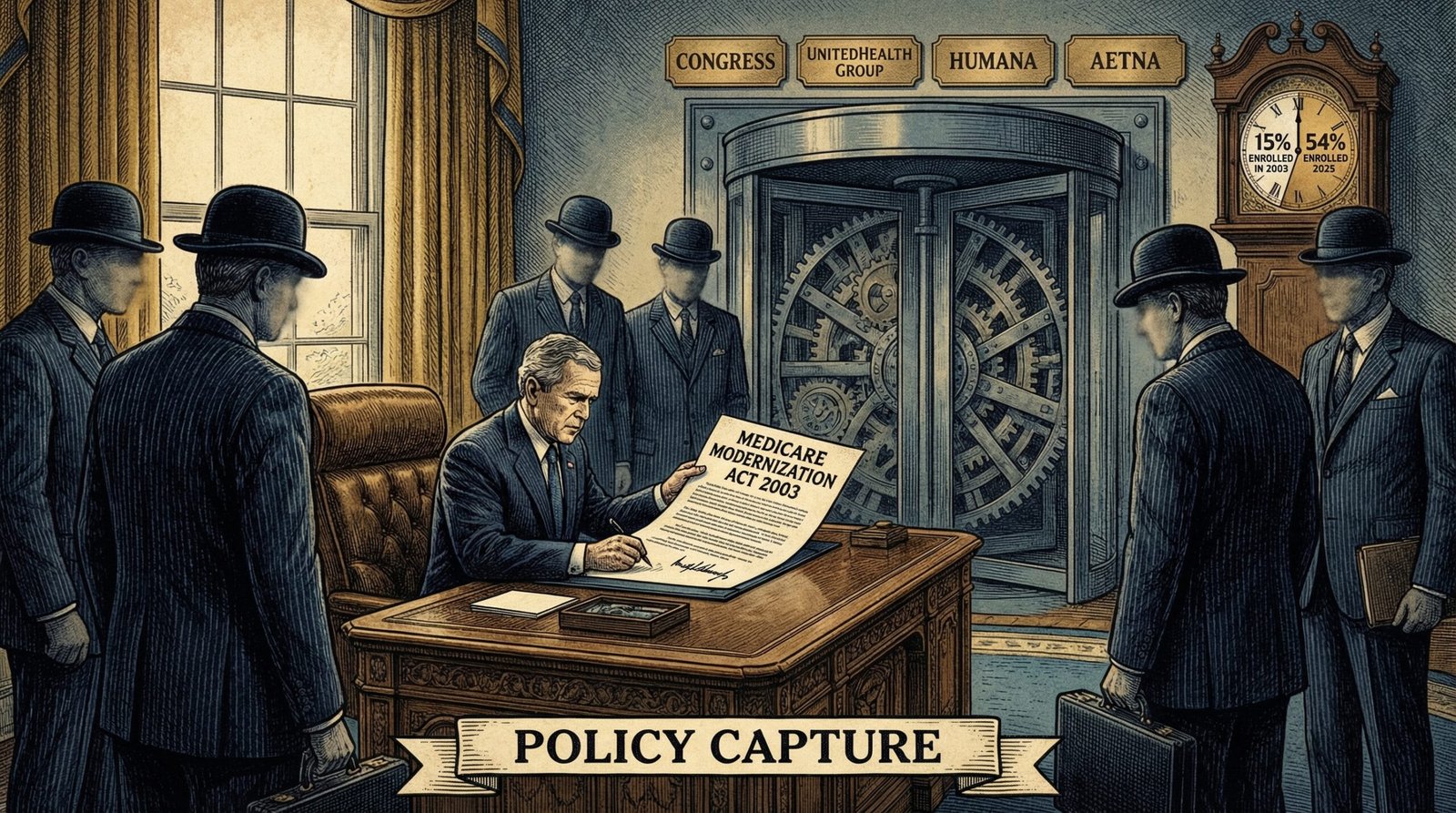 Medicare Modernization Act 2003 Bush signing private insurance industry capture Medicare Advantage enrollment growth 15% to 54%