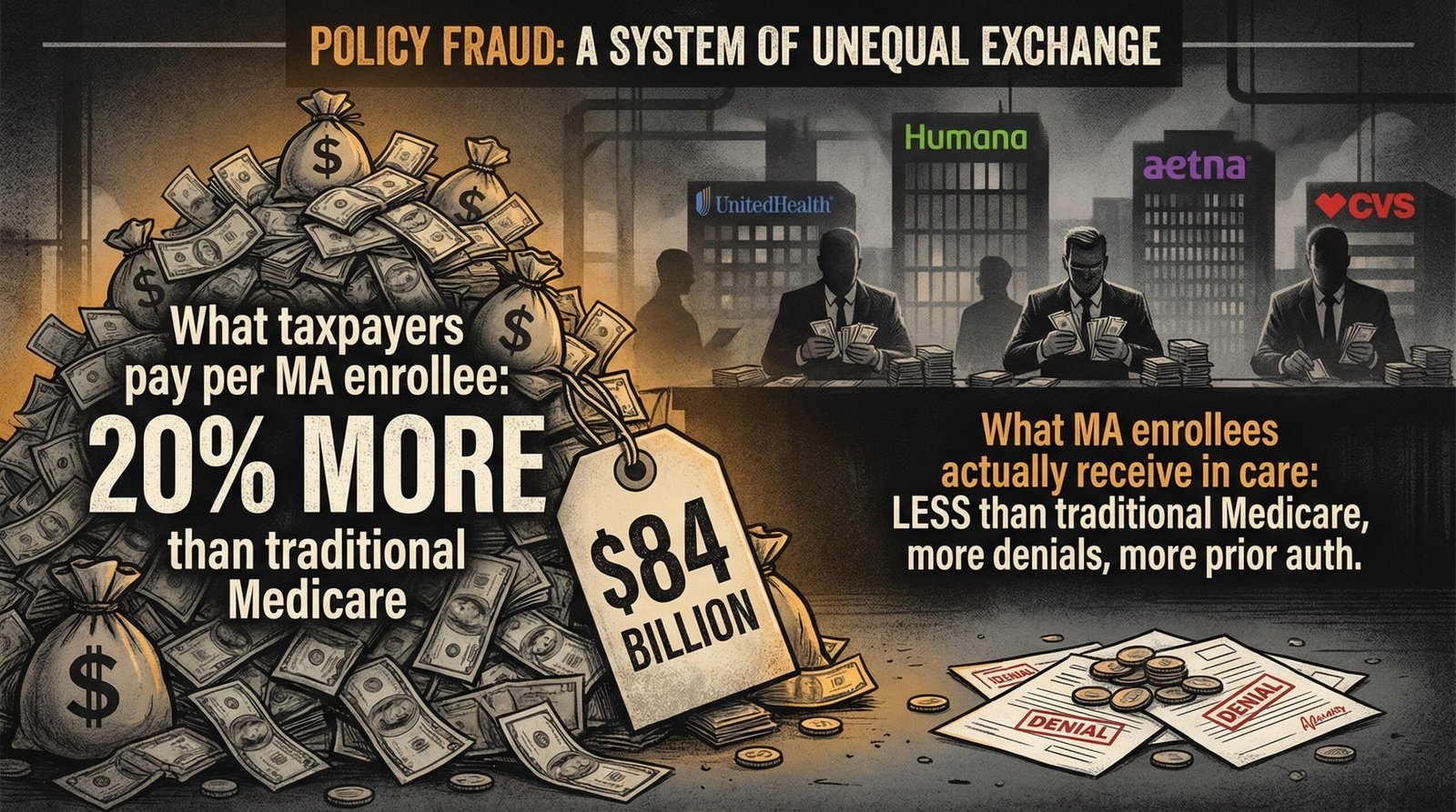 Medicare Advantage 20% overpayment vs traditional Medicare fewer services more denials MedPAC $84 billion