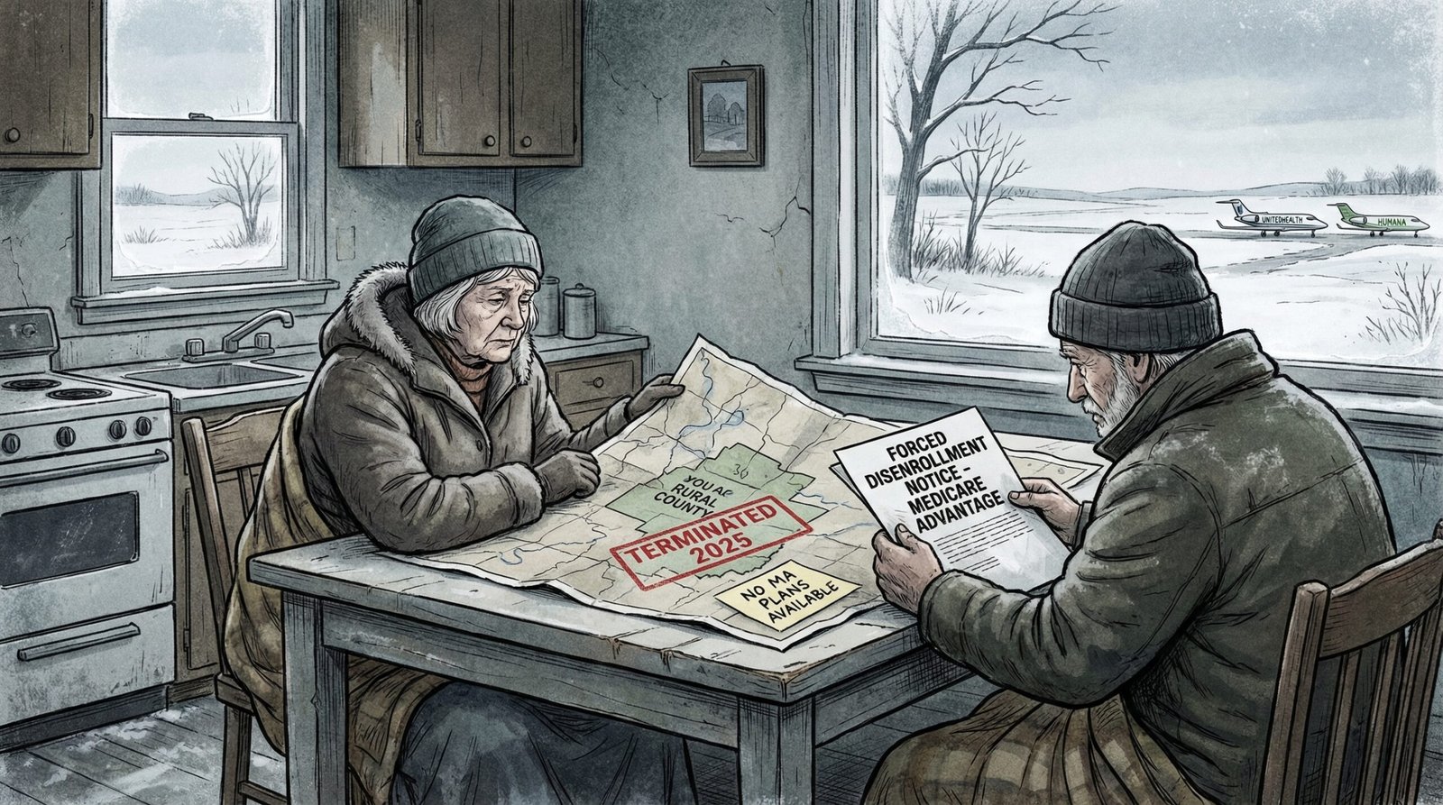 Medicare Advantage plan exits 2025 2026 forced disenrollment 10% 52 counties no plans rural seniors stranded