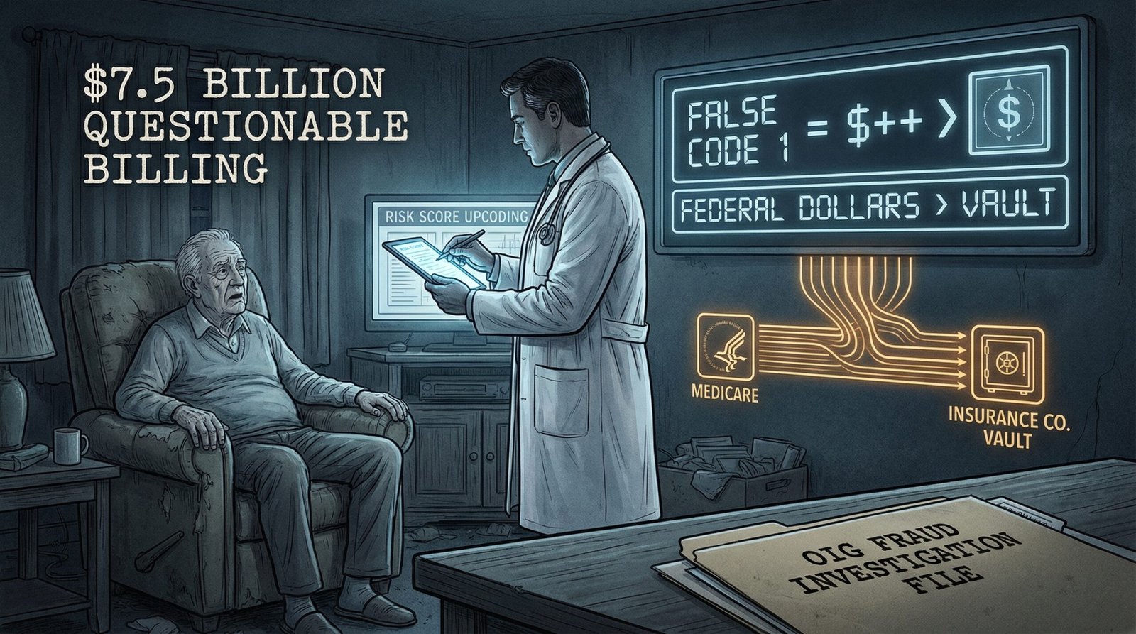 Medicare Advantage risk score upcoding fraud OIG $7.5 billion phantom diagnoses health risk assessments 2024