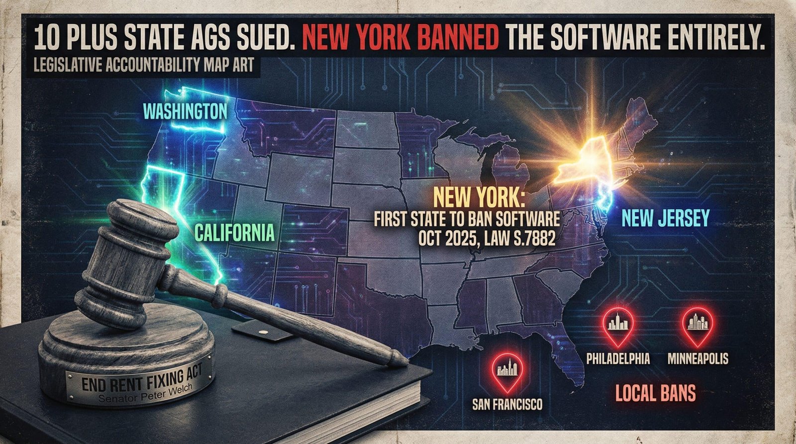 New York algorithmic rent ban October 2025 S7882 ten state AG lawsuits End Rent Fixing Act Senator Welch San Francisco Philadelphia Minneapolis