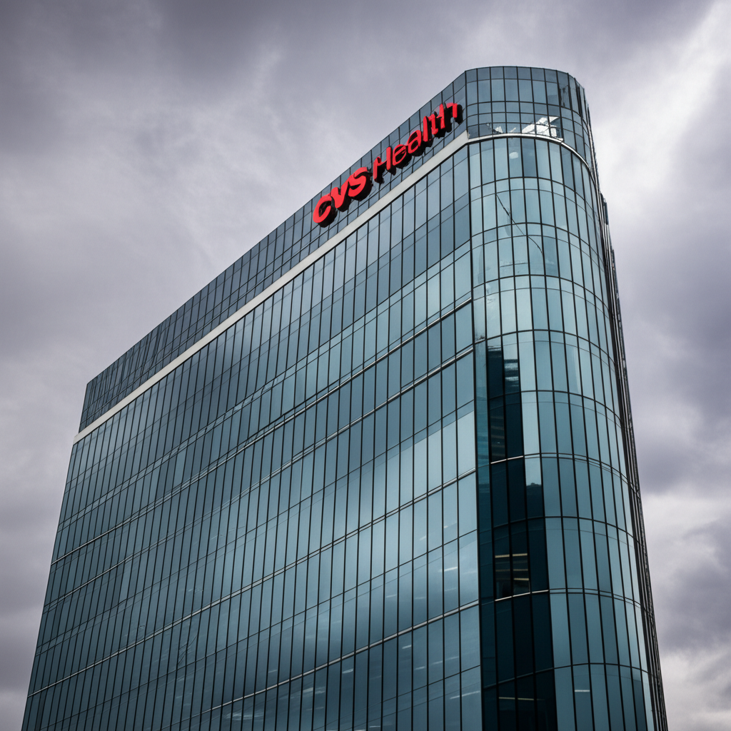CVS Health corporate headquarters glass building logo pharmaceutical healthcare monopoly editorial dramatic sky