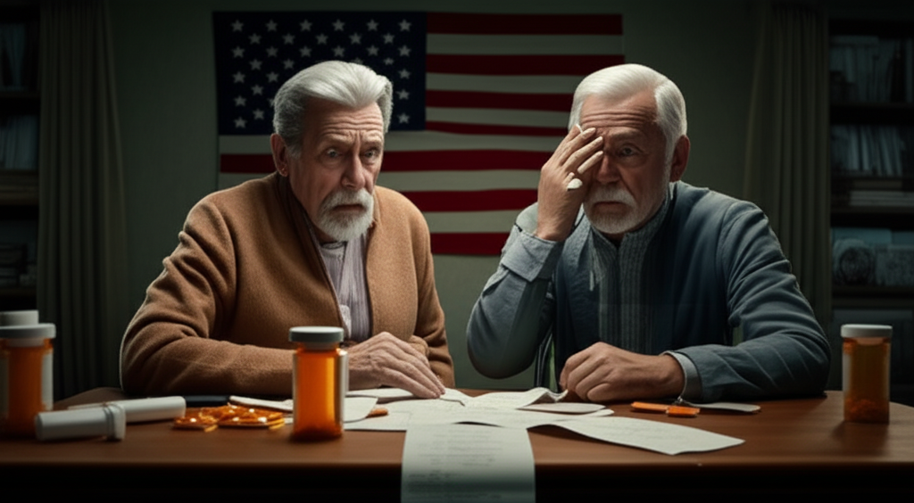 elderly boomer couple and young millennial reviewing pharmacy receipt at kitchen table stressed pill bottles generational inequality