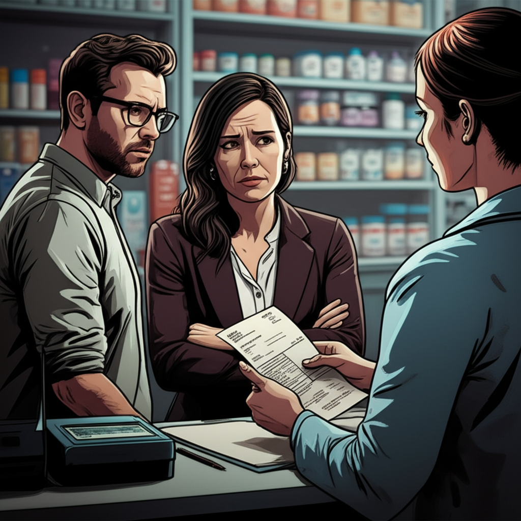 frustrated patient at pharmacy counter shown 300 dollar prescription bill pharmacist generational wealth gap editorial