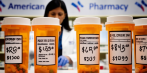 prescription pill bottles extreme price tags pharmacist counting pills pharmacy counter investigative journalism
