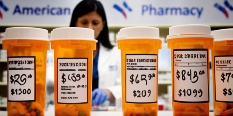 prescription pill bottles extreme price tags pharmacist counting pills pharmacy counter investigative journalism