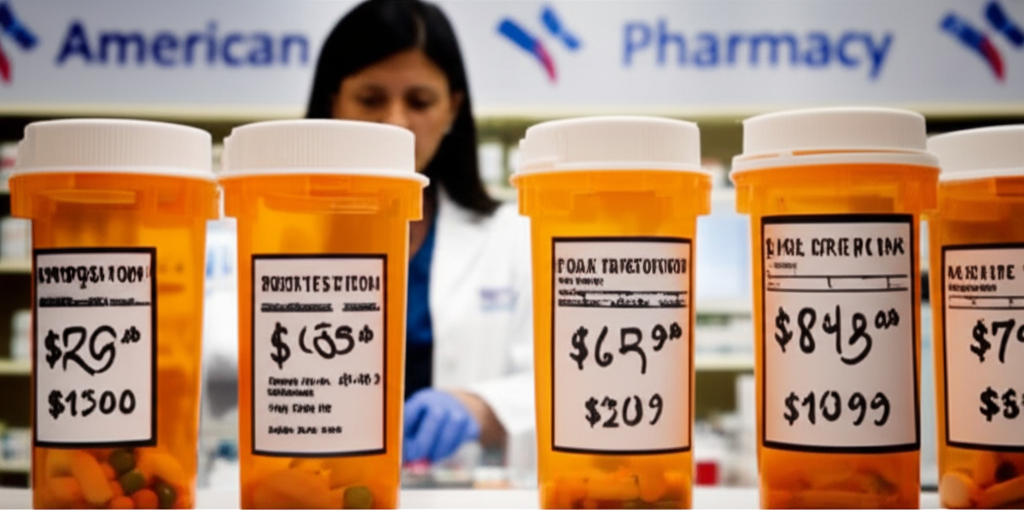 prescription pill bottles extreme price tags pharmacist counting pills pharmacy counter investigative journalism