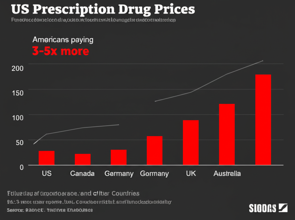 infographic US prescription drug prices vs Canada Germany UK Australia Americans paying 3 to 5 times more bar chart