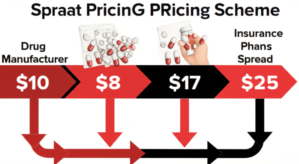 PBM spread pricing scheme infographic manufacturer sells 10 PBM pays pharmacy 8 charges plan 25 pockets 17 spread