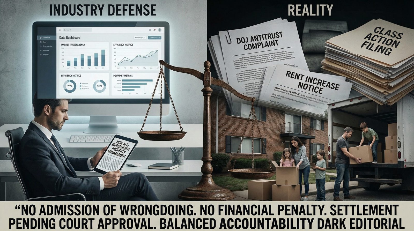 RealPage algorithmic rent pricing counter argument market efficiency vs price fixing no admission wrongdoing settlement pending court approval unsettled antitrust law