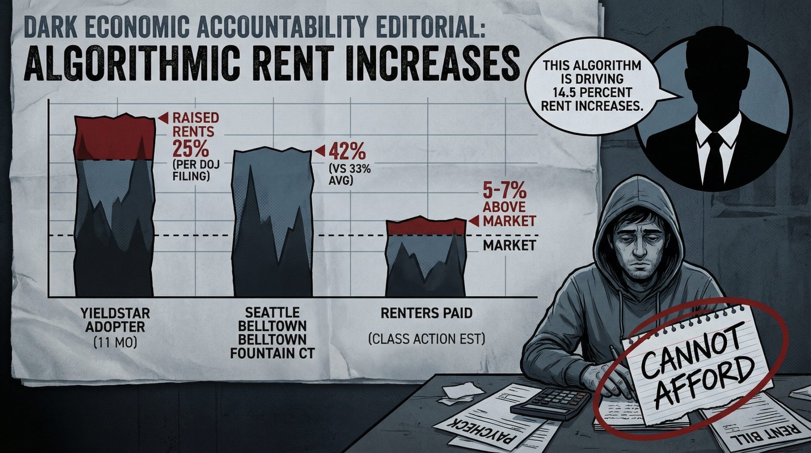 RealPage rent increase 25 percent 11 months DOJ filing 14.5 percent executive claim 5-7 percent above market class action Belltown 42 percent