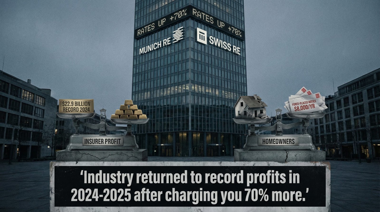 reinsurance crisis Munich Re Swiss Re cost increases insurer record profits 22.9 billion 2024 homeowners priced out force-placed insurance