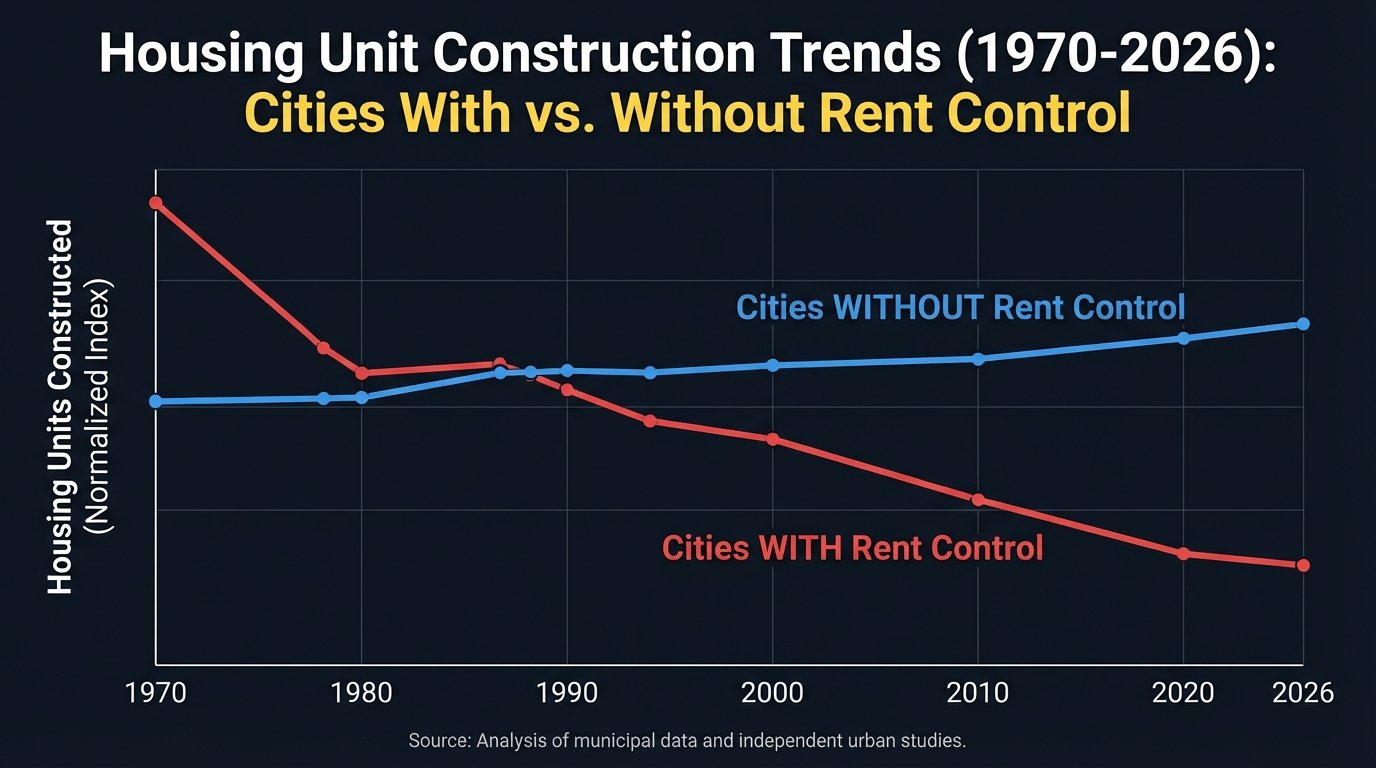 line graph cities with rent control housing construction decline vs cities without 1970-2026 data visualization