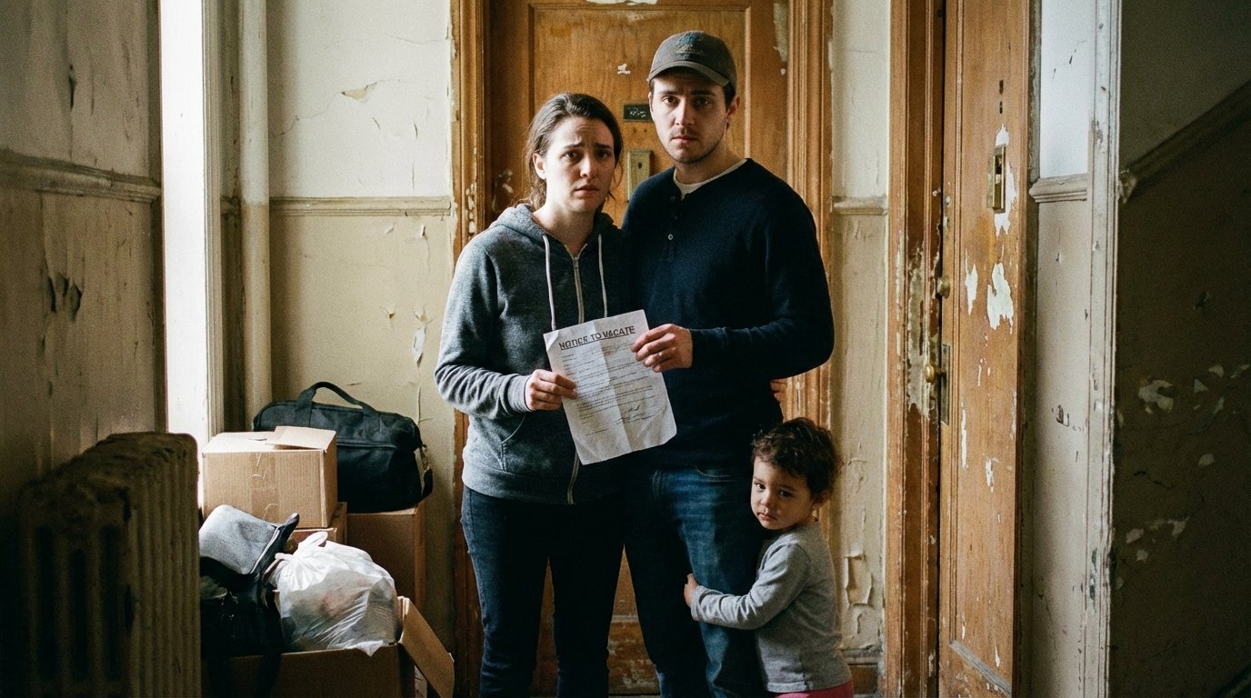 stressed millennial renter family holding eviction notice in front of apartment housing crisis economic anxiety
